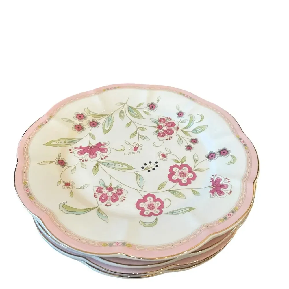 Grace Teaware Pink Corn Flowers with Gold Trim 10.5” Dinner Plates Set of 4 New